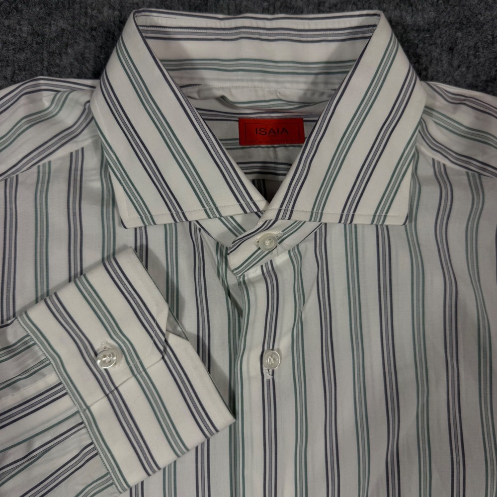 Isaia Napoli Striped Dress Shirt Mens 41 16 White Green Cotton Made in Italy NWT